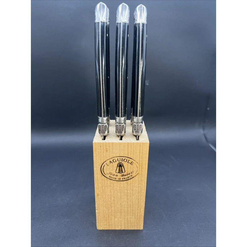 Jean Dubost Laguiole Steak Knives Set of 6 Black Handles Inox with Wooden Block